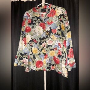 Carole Little Black Button-Front Floral Blouse with Red, Blue & Yellow Blooms